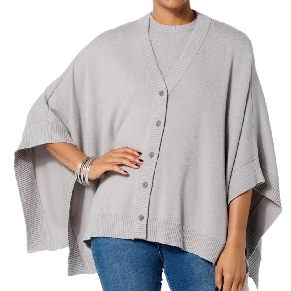 NWT - DG2 by Diane Gilman Gray Buttoned Poncho Sweater